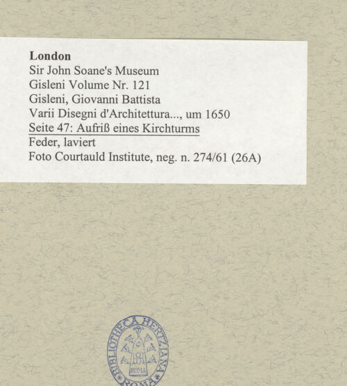 Rückseite von Courtauld Institute [https://www.deutsche-digitale-bibliothek.de/content/lizenzen/rv-ez/] Varii Disegni d'Architettura...Seite 47: Aufriss eines Kirchturms - , bh493476_recto. Foto.
