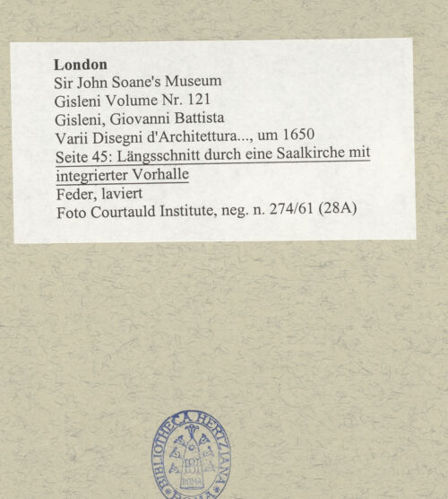 Rückseite von Courtauld Institute [https://www.deutsche-digitale-bibliothek.de/content/lizenzen/rv-ez/] Varii Disegni d'Architettura...Seite 45: Längsschnitt durch eine Saalkirche mit integrierter Vorhalle - , bh493477_recto. Foto.