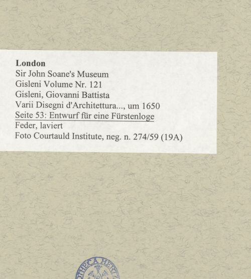 Rückseite von Courtauld Institute [https://www.deutsche-digitale-bibliothek.de/content/lizenzen/rv-ez/] Varii Disegni d'Architettura...Seite 53: Entwurf für eine Fürstenloge - , bh493482_recto. Foto.
