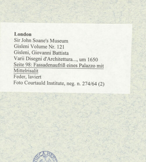 Rückseite von Courtauld Institute [https://www.deutsche-digitale-bibliothek.de/content/lizenzen/rv-ez/] Varii Disegni d'Architettura...Seite 98: Fassadenaufriss eines Palazzo mit Mittelrisalit - , bh493559_recto. Foto.