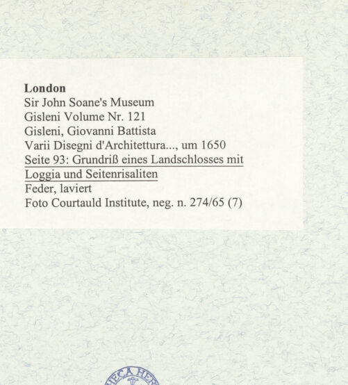 Rückseite von Courtauld Institute [https://www.deutsche-digitale-bibliothek.de/content/lizenzen/rv-ez/] Varii Disegni d'Architettura...Seite 93: Grundriss eines Landschlosses mit Loggia und Seitenrisaliten - , bh493567_recto. Foto.