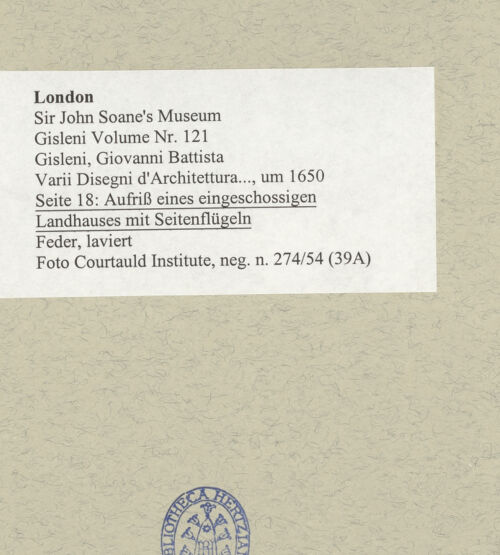 Rückseite von Courtauld Institute [https://www.deutsche-digitale-bibliothek.de/content/lizenzen/rv-ez/] Varii Disegni d'Architettura...Seite 18: Aufriss eines eingeschossigen Landhauses mit Seitenflügeln - , bh493879_recto. Foto.