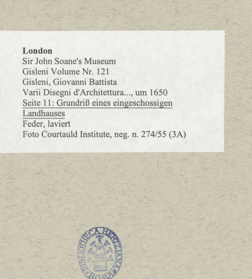 Rückseite von Courtauld Institute [https://www.deutsche-digitale-bibliothek.de/content/lizenzen/rv-ez/] Varii Disegni d'Architettura...Seite 11: Grundriss eines eingeschossigen Landhauses - , bh493884_recto. Foto.