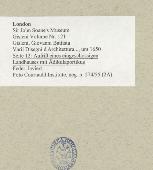 Rückseite von Courtauld Institute [https://www.deutsche-digitale-bibliothek.de/content/lizenzen/rv-ez/] Varii Disegni d'Architettura...Seite 12: Aufriss eines eingeschossigen Landhauses mit Ädikulaportikus - , bh493885_recto. Foto.