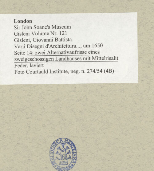 Rückseite von Courtauld Institute [https://www.deutsche-digitale-bibliothek.de/content/lizenzen/rv-ez/] Varii Disegni d'Architettura...Seite 14: zwei Alternativaufrisse eines zweigeschossigen Landhauses mit Mittelrisalit - , bh493887_recto. Foto.