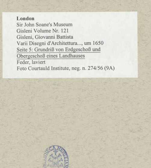 Rückseite von Courtauld Institute [https://www.deutsche-digitale-bibliothek.de/content/lizenzen/rv-ez/] Varii Disegni d'Architettura...Seite 5: Grundriss von Erdgeschoss und Obergeschoss eines Landhauses - , bh493889_recto. Foto.