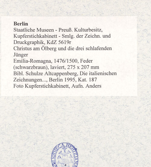 Rückseite von Kupferstichkabinett [https://www.deutsche-digitale-bibliothek.de/content/lizenzen/rv-ez/] Christus am Ölberg und die drei schlafenden Jünger - , bh494029_recto. Foto: Anders, Jörg P..