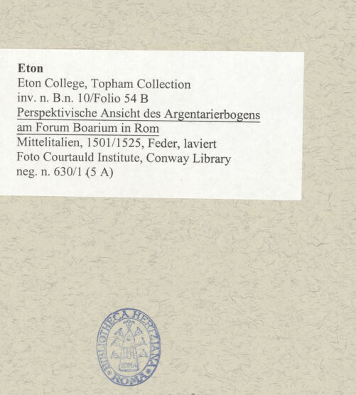 Rückseite von Courtauld Institute, Conway Library [https://www.deutsche-digitale-bibliothek.de/content/lizenzen/rv-ez/] Perspektivische Ansicht des Argentarierbogens am Forum Boarium in Rom - , bh494084_recto. Foto.