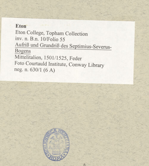 Rückseite von Courtauld Institute, Conway Library [https://www.deutsche-digitale-bibliothek.de/content/lizenzen/rv-ez/] Aufriss und Grundriss des Septimius-Severus-Bogens - , bh494085_recto. Foto.