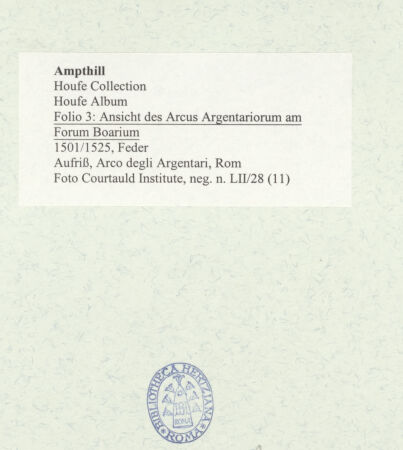 Rückseite von Courtauld Institute [https://www.deutsche-digitale-bibliothek.de/content/lizenzen/rv-ez/] Houfe AlbumFolio 3: Ansicht des Arcus Argentariorum (Wechslerbogen) am Forum Boarium - , bh494196_recto. Foto.