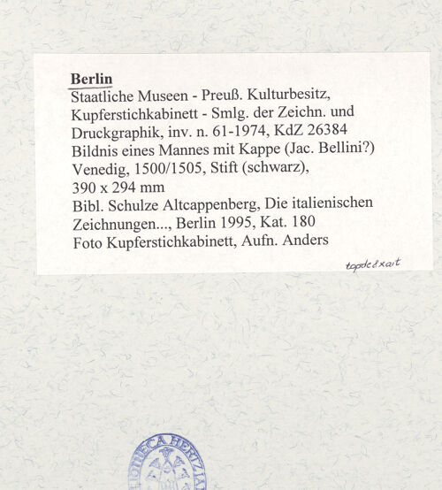 Rückseite von Kupferstichkabinett [https://www.deutsche-digitale-bibliothek.de/content/lizenzen/rv-ez/] Bildnis eines Mannes mit Kappe (Jac. Bellini?) - , bh494549_recto. Foto: Anders, Jörg P..
