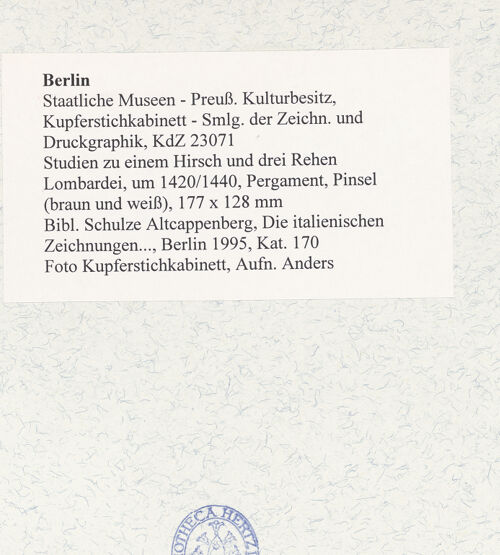Rückseite von Kupferstichkabinett Berlin SMB-PK [https://www.deutsche-digitale-bibliothek.de/content/lizenzen/rv-ez/] Studien zu einem Hirsch und drei Rehen - , bh494550_recto. Foto: Anders, Jörg P..