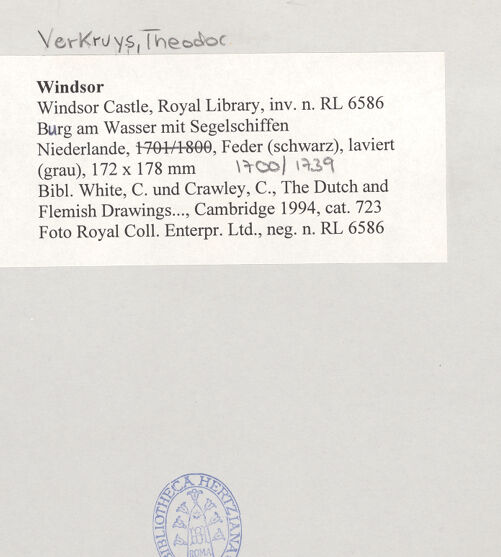 Rückseite von Royal Collection Enterprises Limited [https://www.deutsche-digitale-bibliothek.de/content/lizenzen/rv-ez/] Berg am Wasser mit Segelschiffen - , bh494764_recto. Foto.