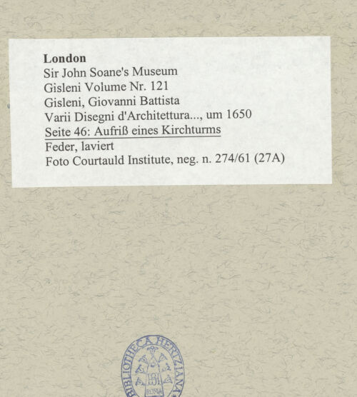 Rückseite von Courtauld Institute [https://www.deutsche-digitale-bibliothek.de/content/lizenzen/rv-ez/] Varii Disegni d'Architettura...Seite 46: Aufriss eines Kirchturms - , bh495473_recto. Foto.