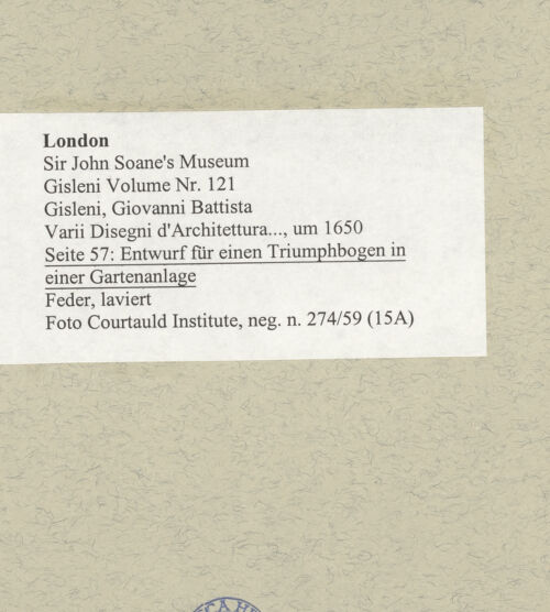 Rückseite von Courtauld Institute [https://www.deutsche-digitale-bibliothek.de/content/lizenzen/rv-ez/] Varii Disegni d'Architettura...Seite 57: Entwurf für einen Triumphbogen in einer Gartenanlage - , bh495475_recto. Foto.