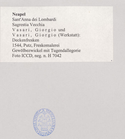 Rückseite von ICCD [https://www.deutsche-digitale-bibliothek.de/content/lizenzen/rv-ez/] DeckenfreskenMitteljoch - Gewölbezwickel mit Tugendallegorie, bh496265_recto. Foto.