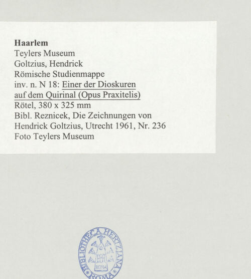 Rückseite von Teylers Museum [http://creativecommons.org/publicdomain/mark/1.0/] Römische StudienmappeEiner der Dioskuren auf dem Quirinal (Opus Praxitelis) - , bh496331_recto. Foto.