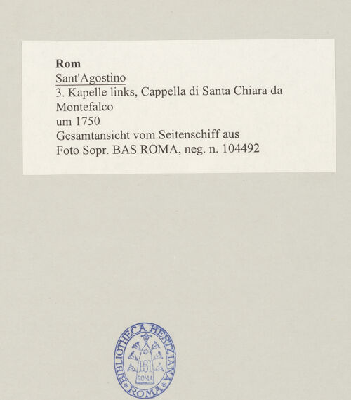 Rückseite von Sopr. BAS ROMA [https://www.deutsche-digitale-bibliothek.de/content/lizenzen/rv-ez/] Sant'AgostinoCappella di Santa Chiara da Montefalco - Gesamtansicht vom Seitenschiff aus, bh497207_recto. Foto.