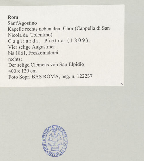 Rückseite von Sopr. BAS ROMA [https://www.deutsche-digitale-bibliothek.de/content/lizenzen/rv-ez/] Vier selige AugustinerDer selige Clemens von San Elpidio - , bh497208_recto. Foto.