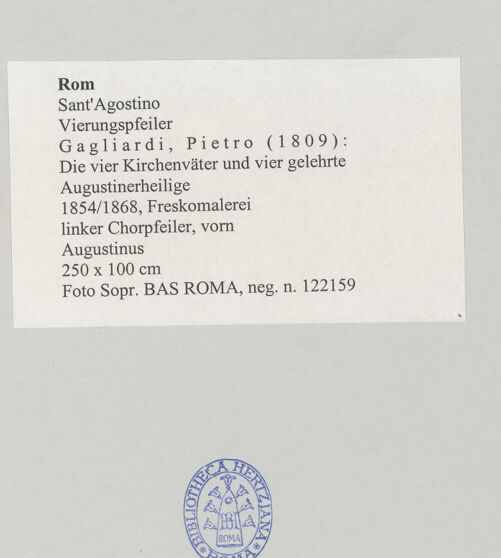 Rückseite von Sopr. BAS ROMA [https://www.deutsche-digitale-bibliothek.de/content/lizenzen/rv-ez/] Die vier Kirchenväter und vier gelehrte AugustinerheiligeAugustinus - , bh497215_recto. Foto.