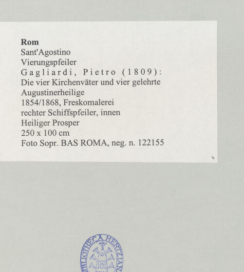 Rückseite von Sopr. BAS ROMA [https://www.deutsche-digitale-bibliothek.de/content/lizenzen/rv-ez/] Die vier Kirchenväter und vier gelehrte AugustinerheiligeHeiliger Prosper - , bh497219_recto. Foto.