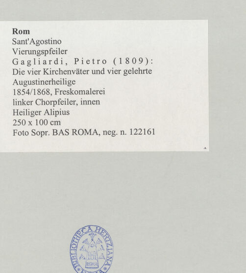 Rückseite von Sopr. BAS ROMA [https://www.deutsche-digitale-bibliothek.de/content/lizenzen/rv-ez/] Die vier Kirchenväter und vier gelehrte AugustinerheiligeHeiliger Alipius - , bh497221_recto. Foto.