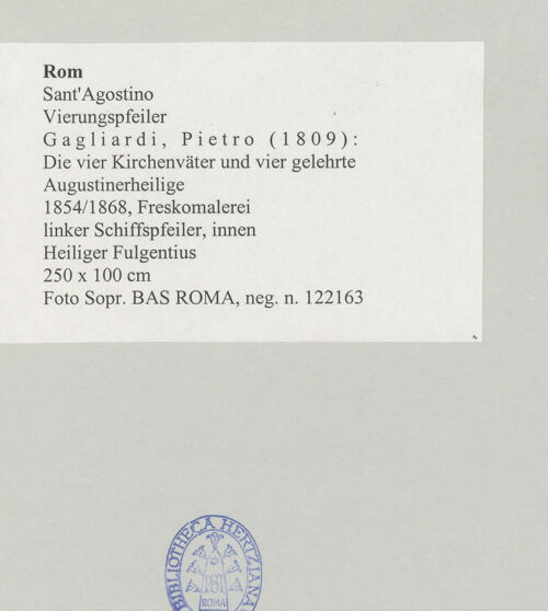 Rückseite von Sopr. BAS ROMA [https://www.deutsche-digitale-bibliothek.de/content/lizenzen/rv-ez/] Die vier Kirchenväter und vier gelehrte AugustinerheiligeHeiliger Fulgentius - , bh497222_recto. Foto.