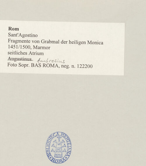 Rückseite von Sopr. BAS ROMA [https://www.deutsche-digitale-bibliothek.de/content/lizenzen/rv-ez/] Die vier lateinischen KirchenväterHeiliger Ambrosius - Gesamtansicht, bh497237_recto. Foto.