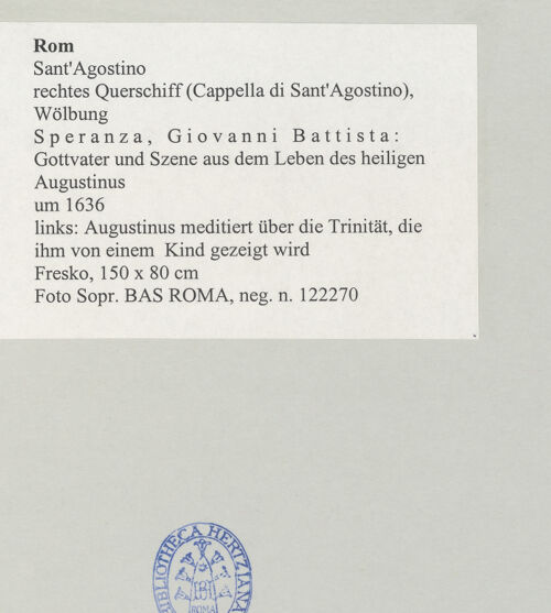 Rückseite von Sopr. BAS ROMA [https://www.deutsche-digitale-bibliothek.de/content/lizenzen/rv-ez/] Gottvater und Szene aus dem Leben des heiligen AugustinusAugustinus meditiert über die Trinität, die ihm von einem Kind gezeigt wird - , bh497248_recto. Foto.