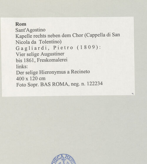 Rückseite von Sopr. BAS ROMA [https://www.deutsche-digitale-bibliothek.de/content/lizenzen/rv-ez/] Vier selige AugustinerDer selige Hieronymus a Recineto - , bh497266_recto. Foto.