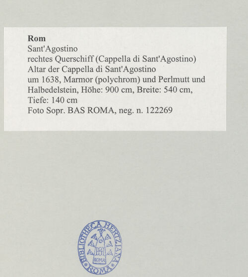 Rückseite von Sopr. BAS ROMA [https://www.deutsche-digitale-bibliothek.de/content/lizenzen/rv-ez/] Altar der Cappella di Sant'Agostino - , bh497267_recto. Foto.