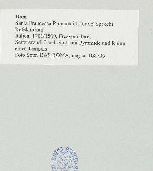 Rückseite von Sopr. BAS ROMA [https://www.deutsche-digitale-bibliothek.de/content/lizenzen/rv-ez/] Freskierung des RefektoriumsLandschaft mit Pyramide und Ruine eines Tempels - , bh497914_recto. Foto.