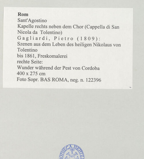 Rückseite von Sopr. BAS ROMA [https://www.deutsche-digitale-bibliothek.de/content/lizenzen/rv-ez/] Szenen aus dem Leben des heiligen Nikolaus von TolentinoWunder während der Pest von Cordoba - , bh497931_recto. Foto.