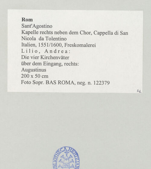 Rückseite von Sopr. BAS ROMA [https://www.deutsche-digitale-bibliothek.de/content/lizenzen/rv-ez/] Gewölbedekoration mit Szenen aus dem Leben des heiligen Nikolaus von TolentinoDie vier KirchenväterAugustinus - , bh497936_recto. Foto.