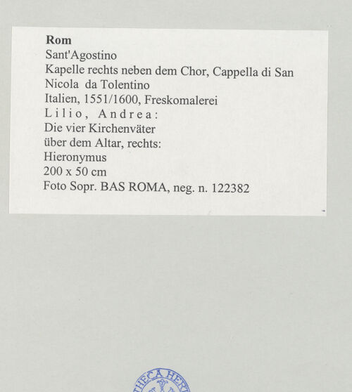 Rückseite von Sopr. BAS ROMA [https://www.deutsche-digitale-bibliothek.de/content/lizenzen/rv-ez/] Gewölbedekoration mit Szenen aus dem Leben des heiligen Nikolaus von TolentinoDie vier KirchenväterHieronymus - , bh497937_recto. Foto.