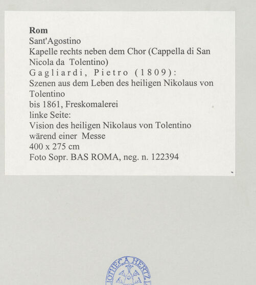 Rückseite von Sopr. BAS ROMA [https://www.deutsche-digitale-bibliothek.de/content/lizenzen/rv-ez/] Szenen aus dem Leben des heiligen Nikolaus von TolentinoVision des heiligen Nikolaus von Tolentino wärend einer Messe - , bh497940_recto. Foto.