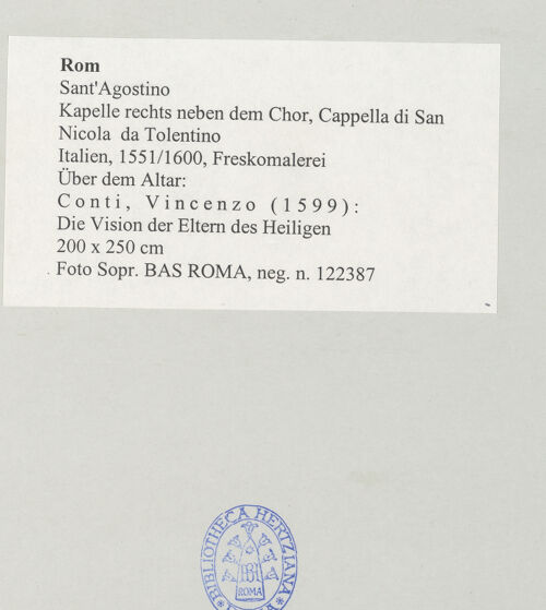 Rückseite von Sopr. BAS ROMA [https://www.deutsche-digitale-bibliothek.de/content/lizenzen/rv-ez/] Gewölbedekoration mit Szenen aus dem Leben des heiligen Nikolaus von TolentinoDie Vision der Eltern des heiligen Nikolaus von Tolentino - , bh497941_recto. Foto.