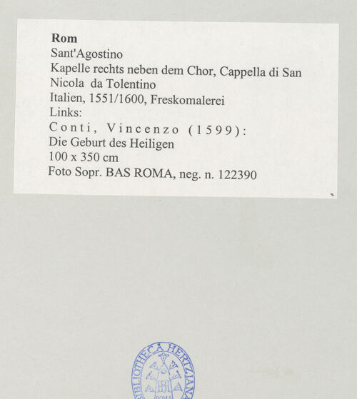 Rückseite von Sopr. BAS ROMA [https://www.deutsche-digitale-bibliothek.de/content/lizenzen/rv-ez/] Gewölbedekoration mit Szenen aus dem Leben des heiligen Nikolaus von TolentinoDie Geburt des heiligen Nikolaus von Tolentino - , bh497942_recto. Foto.