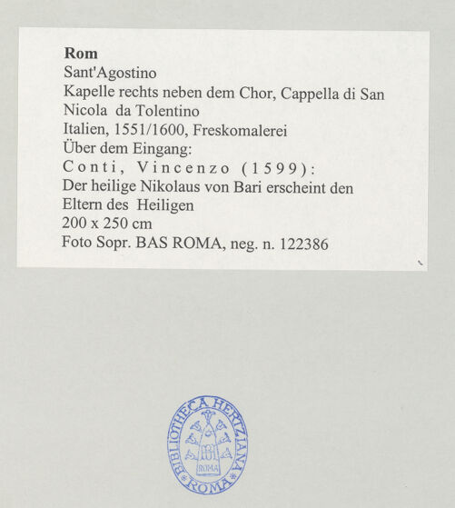 Rückseite von Sopr. BAS ROMA [https://www.deutsche-digitale-bibliothek.de/content/lizenzen/rv-ez/] Gewölbedekoration mit Szenen aus dem Leben des heiligen Nikolaus von TolentinoDer heilige Nikolaus von Bari erscheint den Eltern des heiligen Nikolaus von Tolentino - , bh497943_recto. Foto.