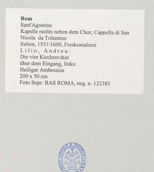 Rückseite von Sopr. BAS ROMA [https://www.deutsche-digitale-bibliothek.de/content/lizenzen/rv-ez/] Gewölbedekoration mit Szenen aus dem Leben des heiligen Nikolaus von TolentinoDie vier KirchenväterHeiliger Ambrosius - , bh497944_recto. Foto.