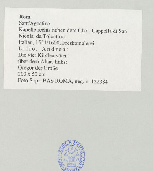 Rückseite von Sopr. BAS ROMA [https://www.deutsche-digitale-bibliothek.de/content/lizenzen/rv-ez/] Gewölbedekoration mit Szenen aus dem Leben des heiligen Nikolaus von TolentinoDie vier KirchenväterGregor der Große - , bh497945_recto. Foto.