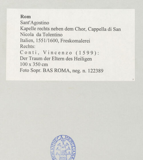 Rückseite von Sopr. BAS ROMA [https://www.deutsche-digitale-bibliothek.de/content/lizenzen/rv-ez/] Gewölbedekoration mit Szenen aus dem Leben des heiligen Nikolaus von TolentinoDer Traum der Eltern des heiligen Nikolaus von Tolentino - , bh497950_recto. Foto.