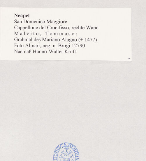 Rückseite von Alinari [https://www.deutsche-digitale-bibliothek.de/content/lizenzen/rv-fz/] Grabmal des Mariano Alagno (gest. 1477) und der Caterina Orsini - Gesamtansicht, bh498132_recto. Foto.