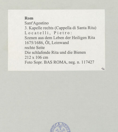 Rückseite von Sopr. BAS ROMA [https://www.deutsche-digitale-bibliothek.de/content/lizenzen/rv-ez/] Szenen aus dem Leben der Heiligen RitaDie schlafende Rita und die Bienen - , bh498391_recto. Foto.