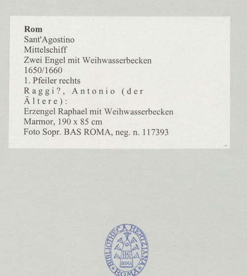 Rückseite von Sopr. BAS ROMA [https://www.deutsche-digitale-bibliothek.de/content/lizenzen/rv-ez/] Zwei Engel mit WeihwasserbeckenErzengel Raphael mit Weihwasserbecken - , bh498401_recto. Foto.