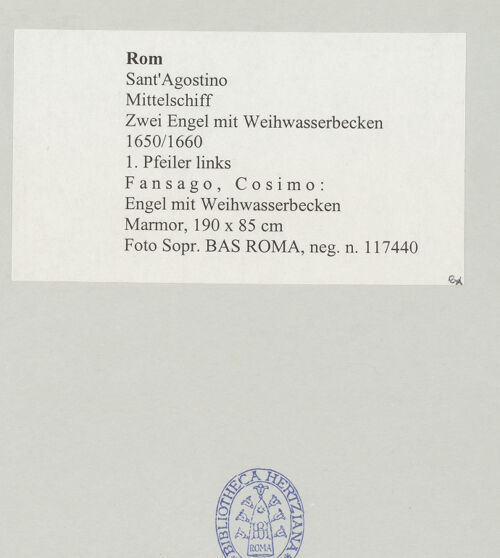 Rückseite von Sopr. BAS ROMA [https://www.deutsche-digitale-bibliothek.de/content/lizenzen/rv-ez/] Zwei Engel mit WeihwasserbeckenErzengel Gabriel mit Weihwasserbecken - , bh498402_recto. Foto.