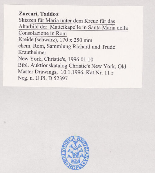 Rückseite von Bibliotheca Hertziana [https://www.deutsche-digitale-bibliothek.de/content/lizenzen/rv-fz/] Skizze für Maria unter dem Kreuz für das Altarbild der Matteikapelle in Santa Maria della Consolazione in Rom - , bh498791_recto. Foto.