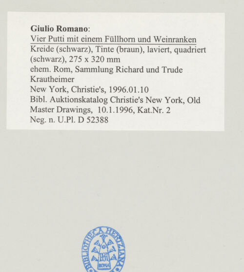 Rückseite von Bibliotheca Hertziana [https://www.deutsche-digitale-bibliothek.de/content/lizenzen/rv-fz/] Vier Putti mit einem Füllhorn und Weinranken - , bh498802_recto. Foto.