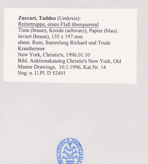 Rückseite von Bibliotheca Hertziana [https://www.deutsche-digitale-bibliothek.de/content/lizenzen/rv-fz/] Reitertruppe, einen Fluss überquerend - , bh498917_recto. Foto.