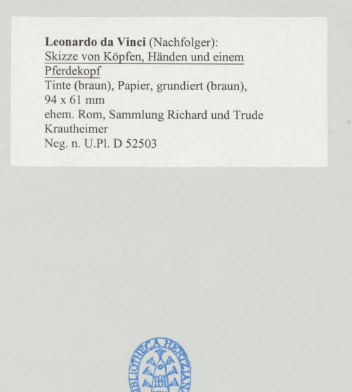 Rückseite von Bibliotheca Hertziana [https://www.deutsche-digitale-bibliothek.de/content/lizenzen/rv-fz/] Skizze von Köpfen, Händen und einem Pferdekopf - , bh498933_recto. Foto.